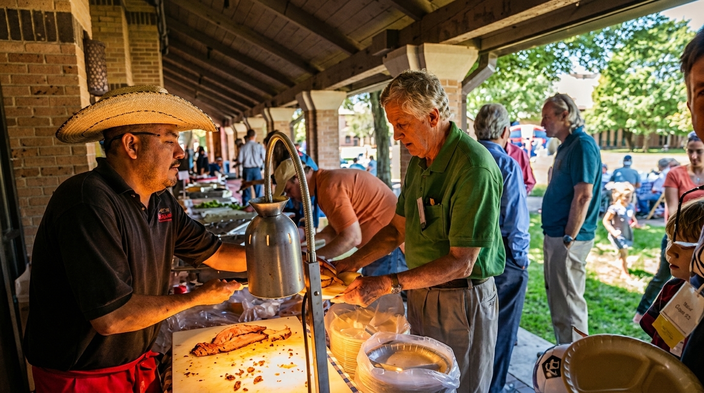A chef in a straw hat carves meat for customers at an outdoor buffet under a pavilion.