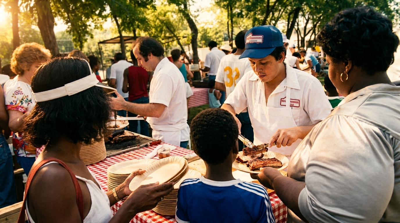 People gather outdoors for a barbecue, serving grilled ribs onto paper plates.