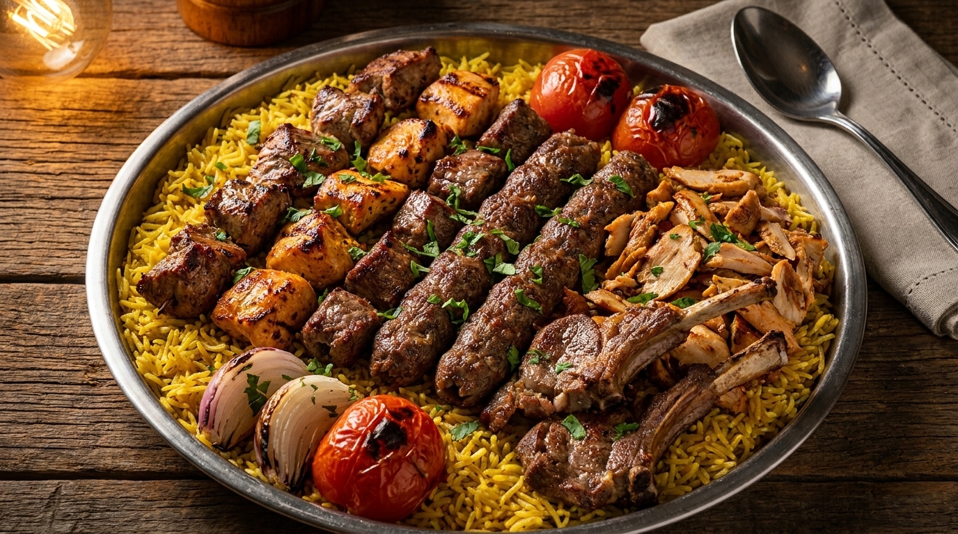 A large platter of Middle Eastern grilled meats, including kebabs, lamb chops, and chicken, served over yellow rice.