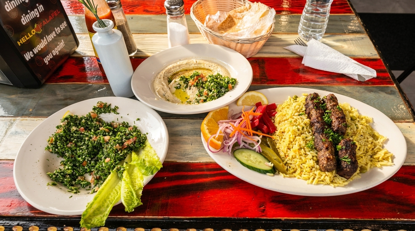 Hello Falafel's spread of Middle Eastern dishes, including kebab, rice, hummus, and tabbouleh salad.