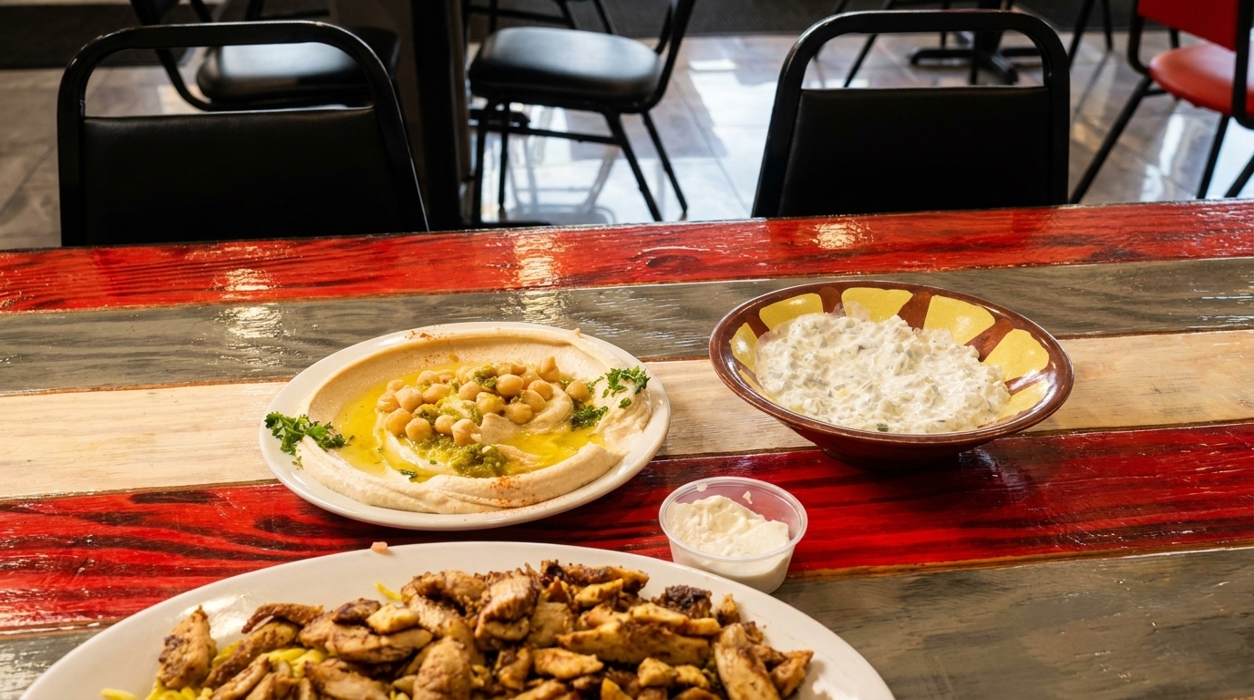 A colorful wooden table with plates of hummus, chicken shawarma, and a bowl of tzatziki.
