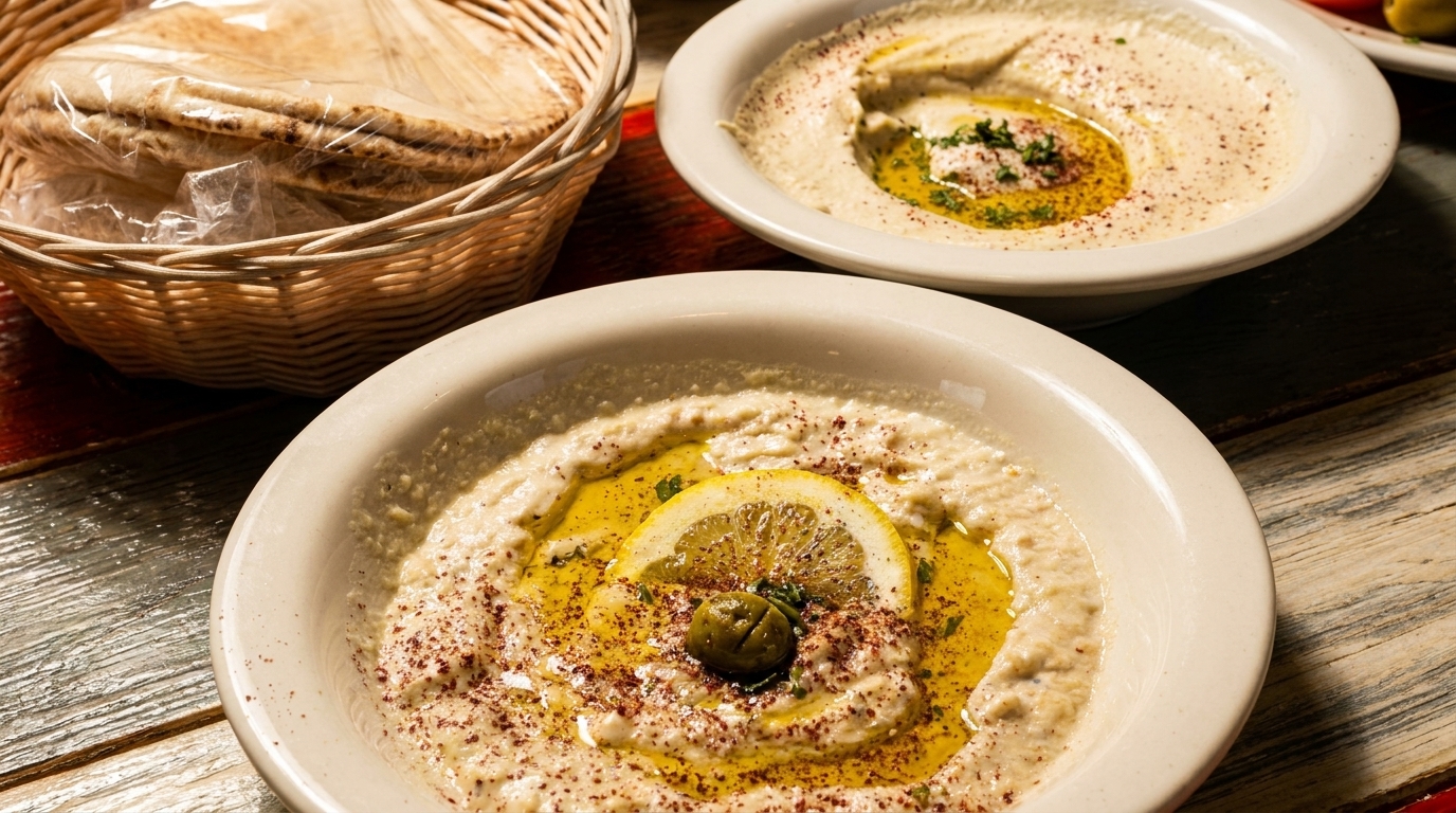 Two bowls of hummus with olive oil, spices, and a lemon slice, next to a basket of pita bread.