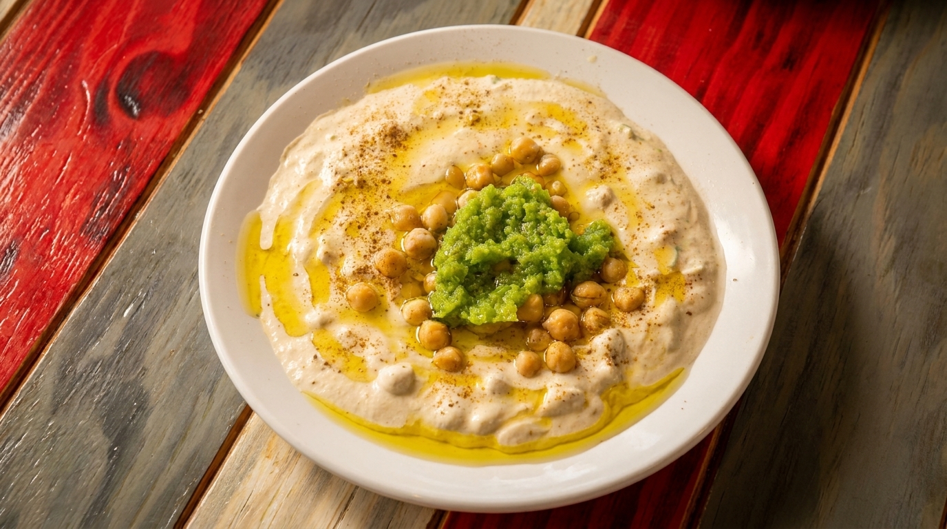 Creamy hummus topped with whole chickpeas, green relish, olive oil, and spices on a white plate.