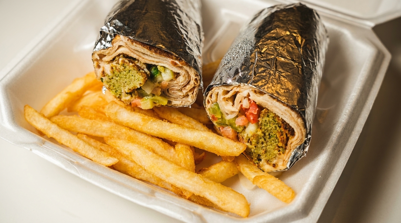 Two falafel wraps, partially foil-wrapped, with a side of golden french fries in a white takeout container.