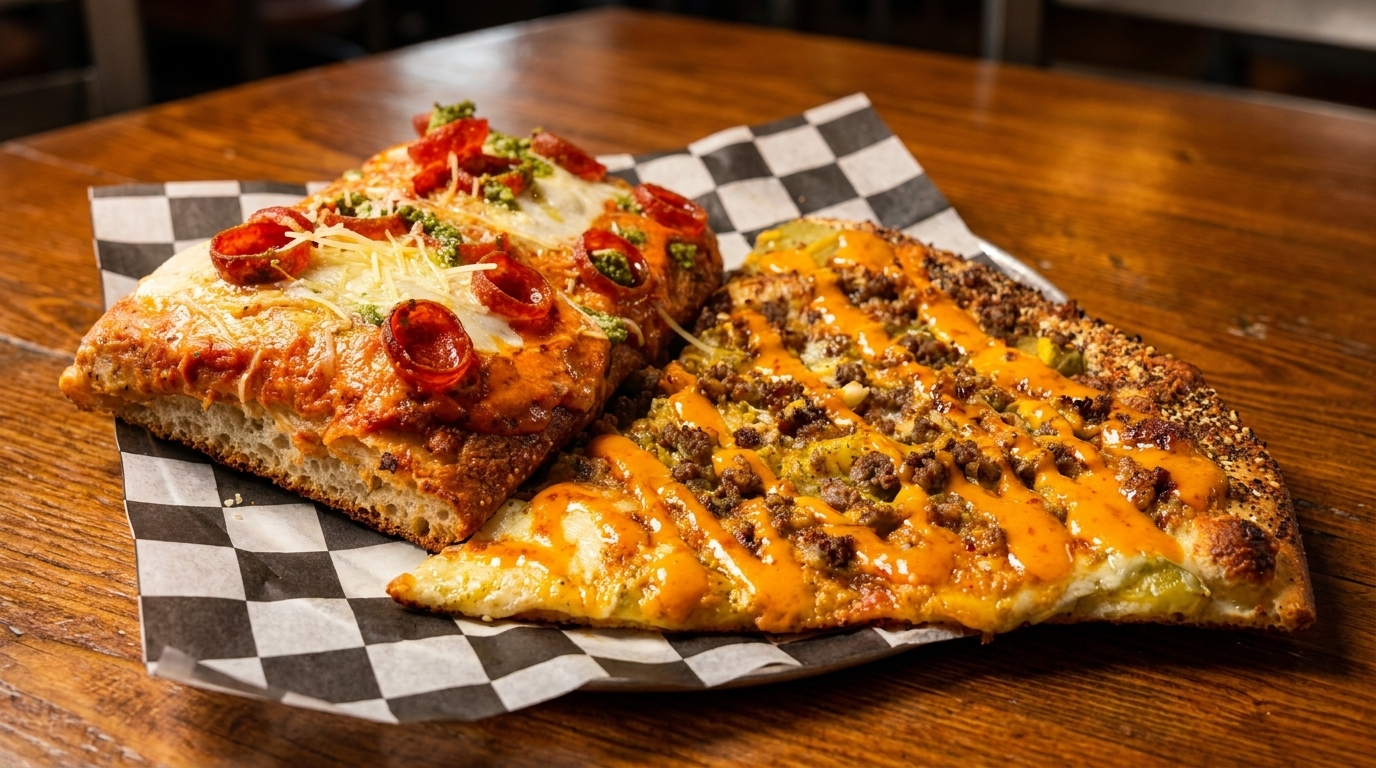 Two large pizza slices, one pepperoni and pesto, the other with ground meat and cheese sauce.