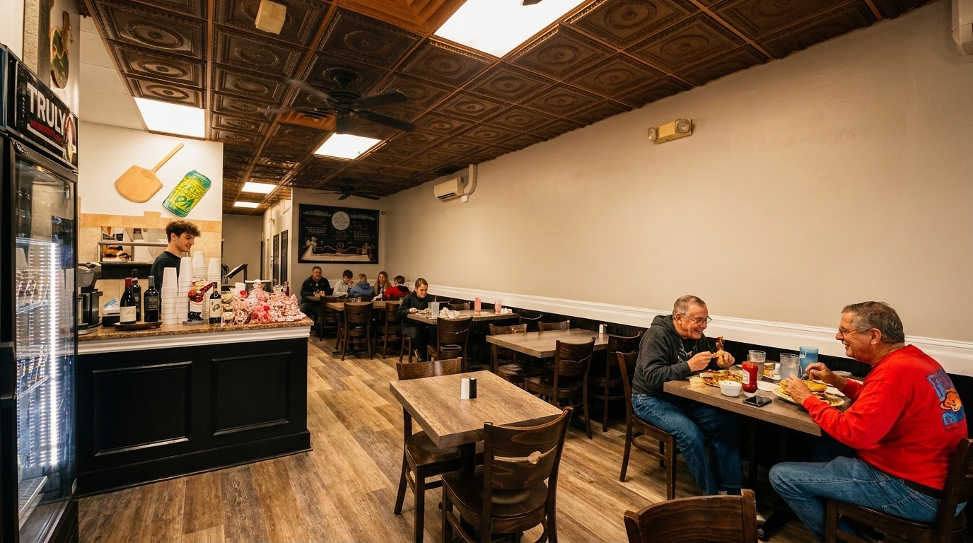 Diners enjoy meals at wooden tables in a casual restaurant with a decorative ceiling and counter.
