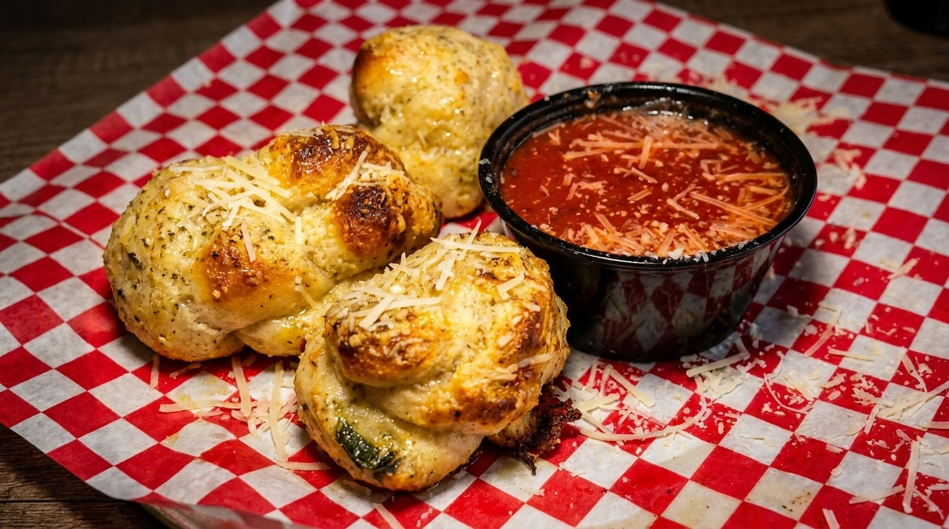 Three garlic knots with parmesan cheese and herbs, next to a cup of marinara sauce on checkered paper.