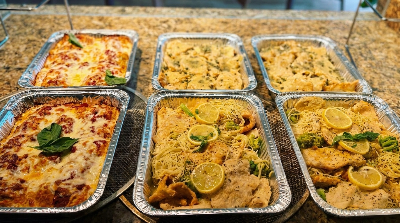Six aluminum trays filled with lasagna, pasta with chicken and broccoli, and ravioli.