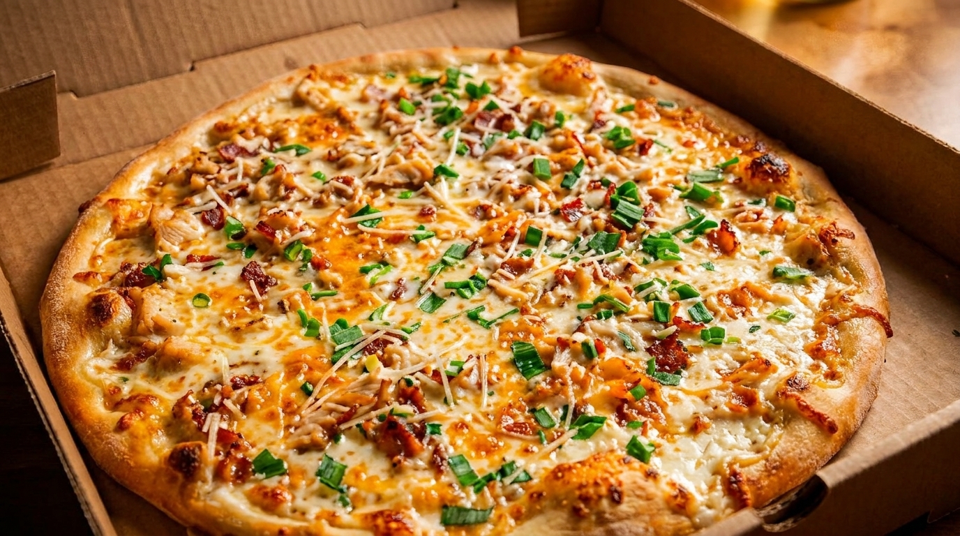 A delicious pizza with chicken, bacon, cheese, and green onions in a cardboard delivery box.