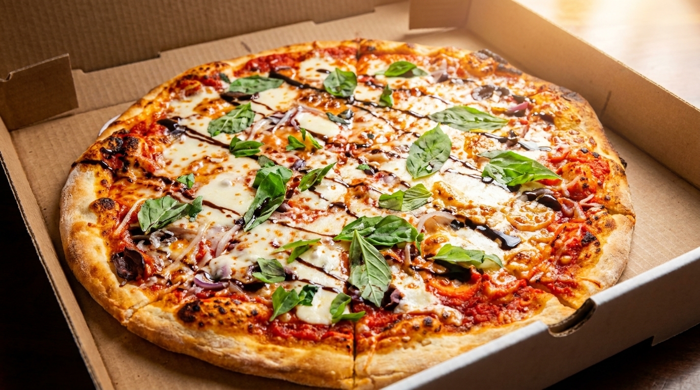 Freshly baked pizza with basil, mozzarella, and balsamic glaze in a cardboard delivery box.