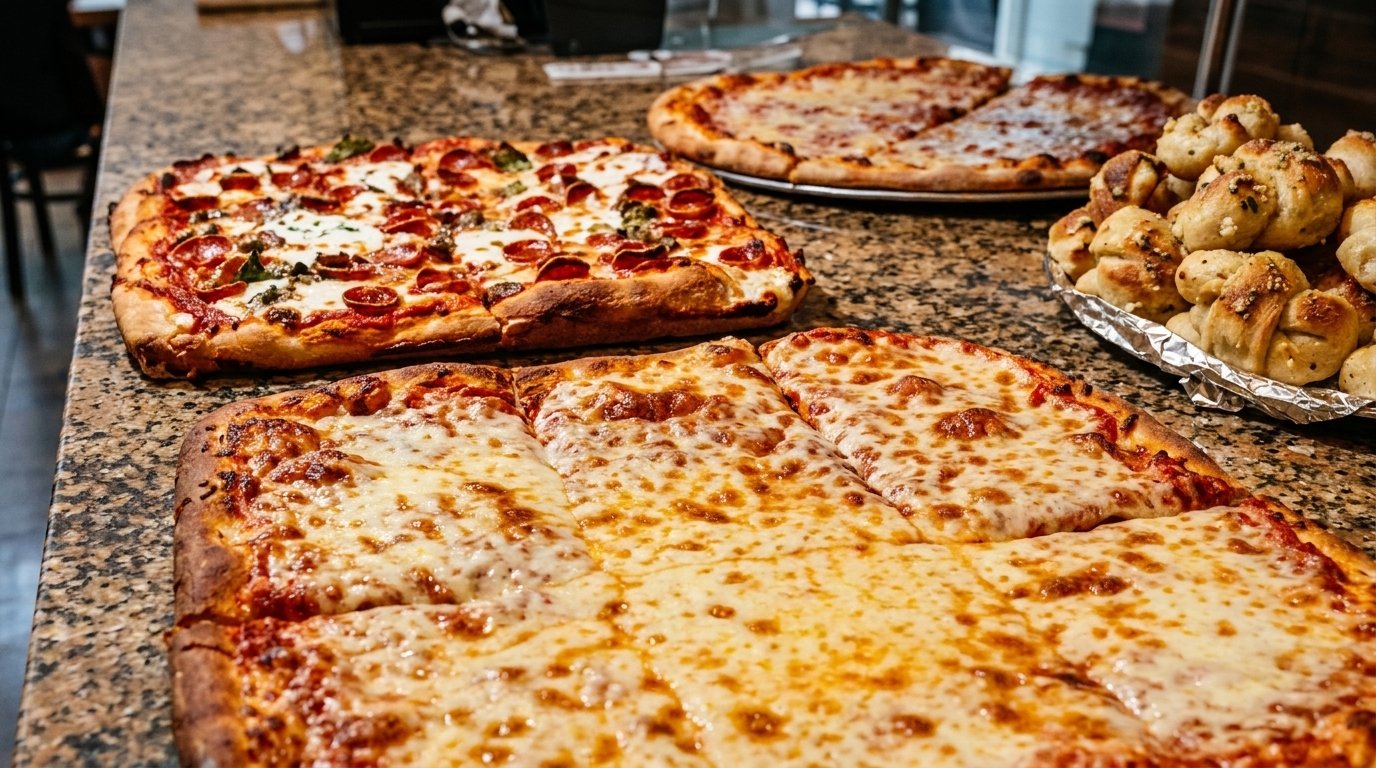 Three pizzas, one pepperoni, one cheese, and one half-eaten, with a side of garlic knots.
