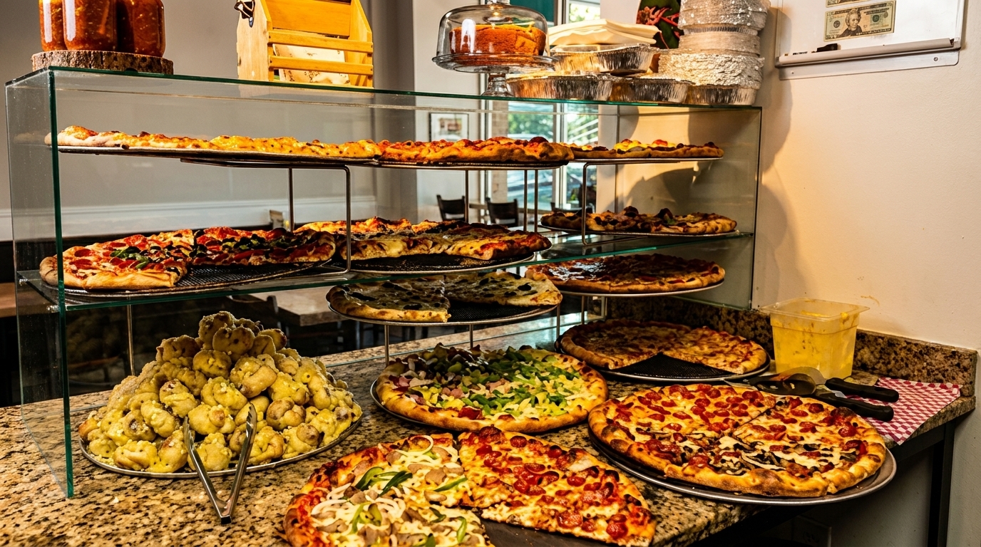 A display case and counter filled with various pizzas and garlic knots at a restaurant.