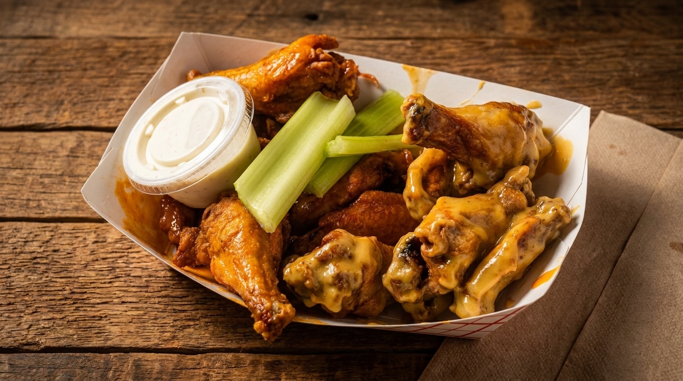 A white paper tray filled with buffalo wings, celery sticks, and a side of ranch dressing.