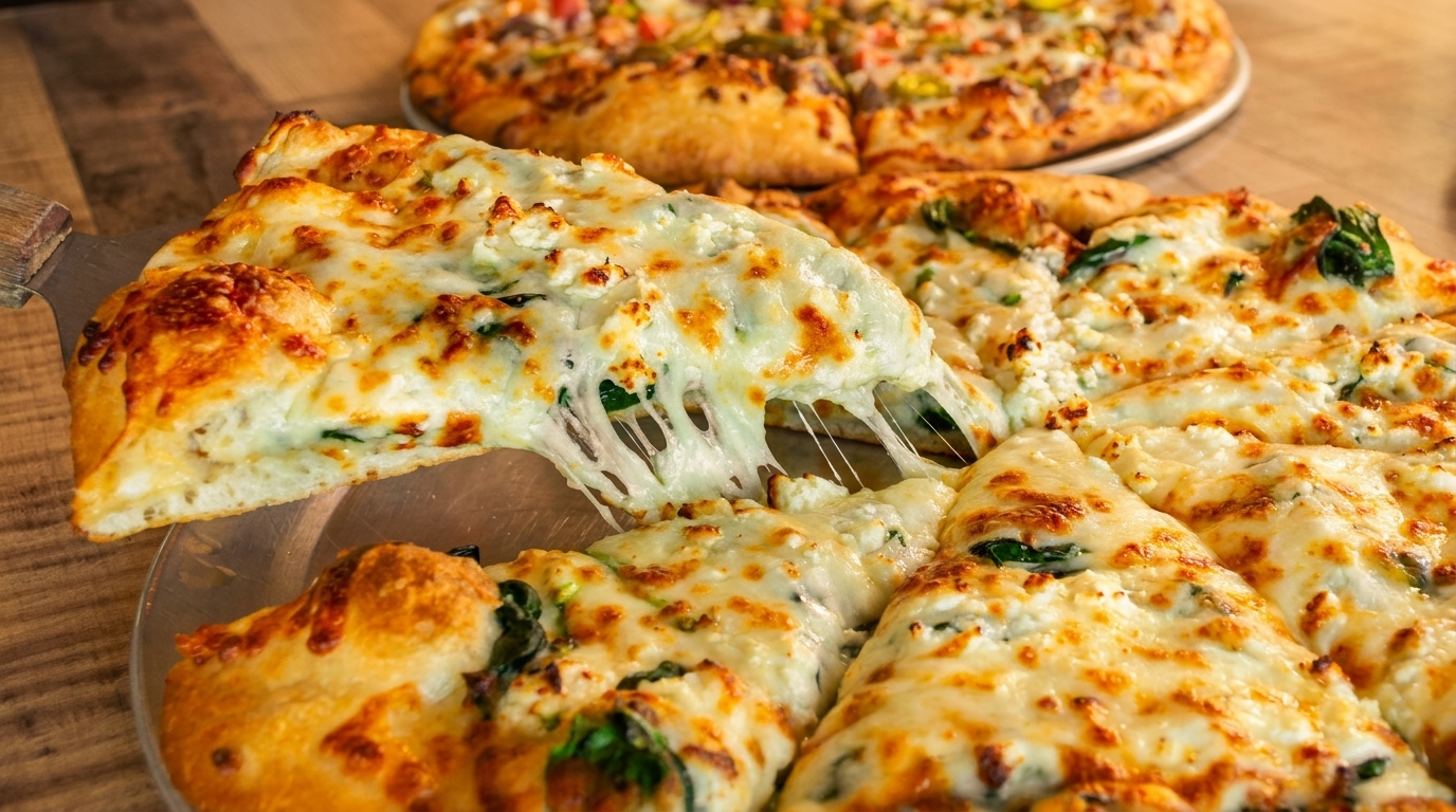 A slice of white pizza with spinach and ricotta is lifted, showing stretchy cheese.