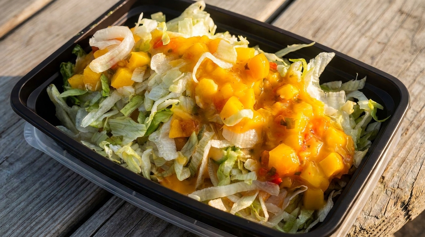 Takeout container filled with shredded lettuce and topped with mango salsa and shrimp.