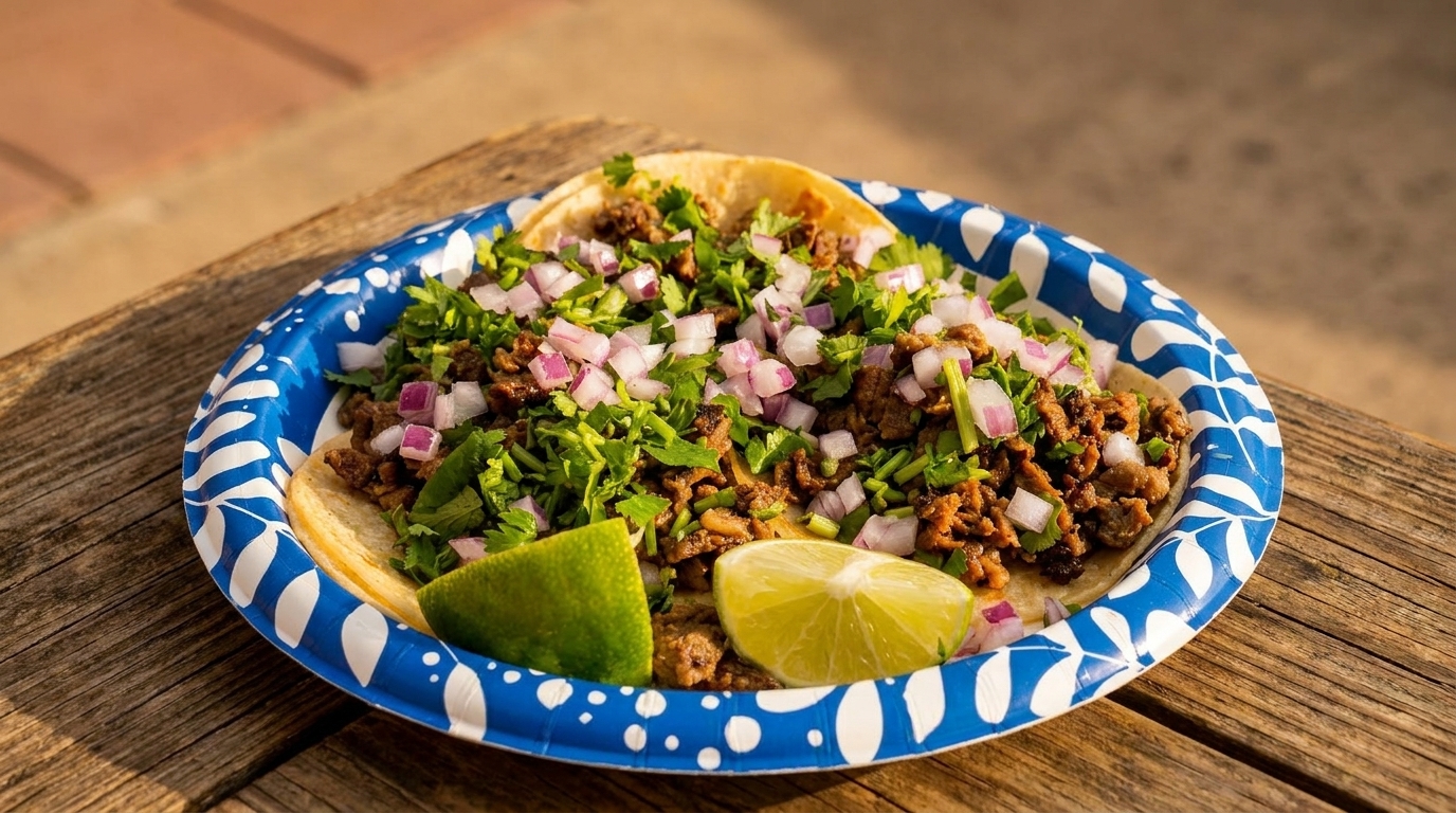 Three street tacos with meat, cilantro, and diced red onions, served with lime wedges on a paper plate.