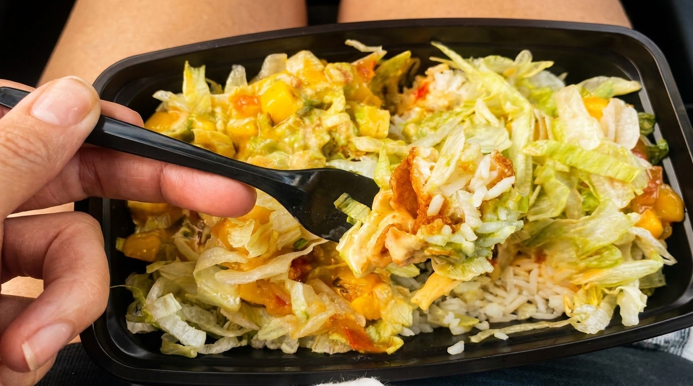 A hand holding a black fork, scooping up a bite of a rice bowl with lettuce and sauce.