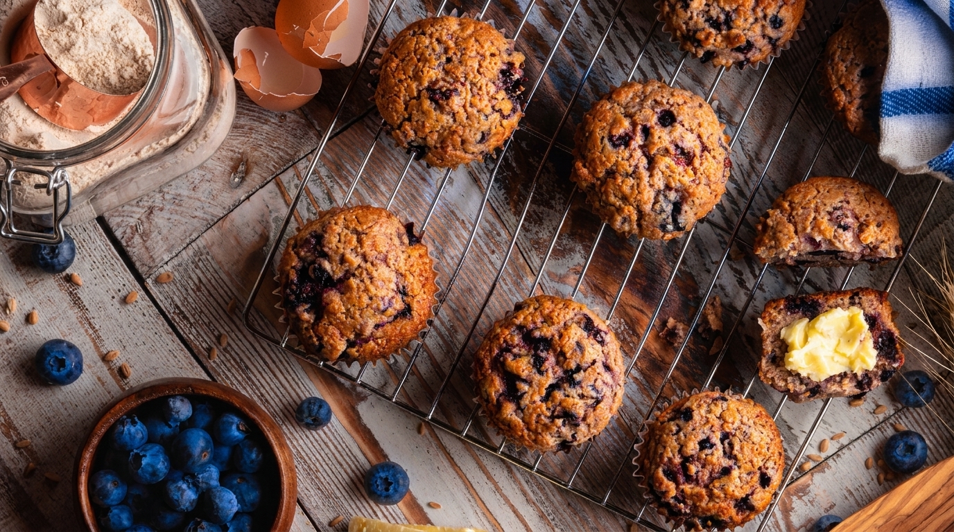 Freshly baked blueberry muffins on a cooling rack, with ingredients like flour, blueberries, and butter.