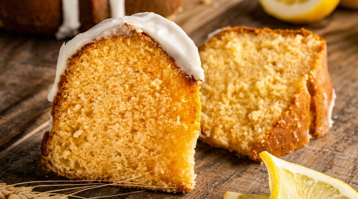 Two slices of lemon pound cake with white icing, next to lemon wedges and wheat stalks.