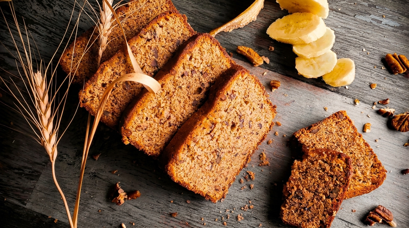 Slices of banana bread with walnuts, fresh banana, and wheat stalks on a rustic wooden surface.