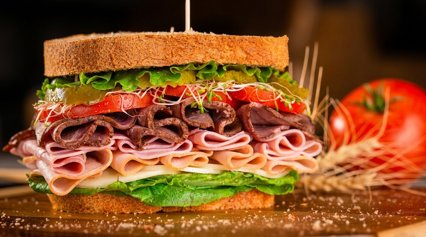 A large, deli-style sandwich with multiple layers of meat, cheese, and fresh vegetables.