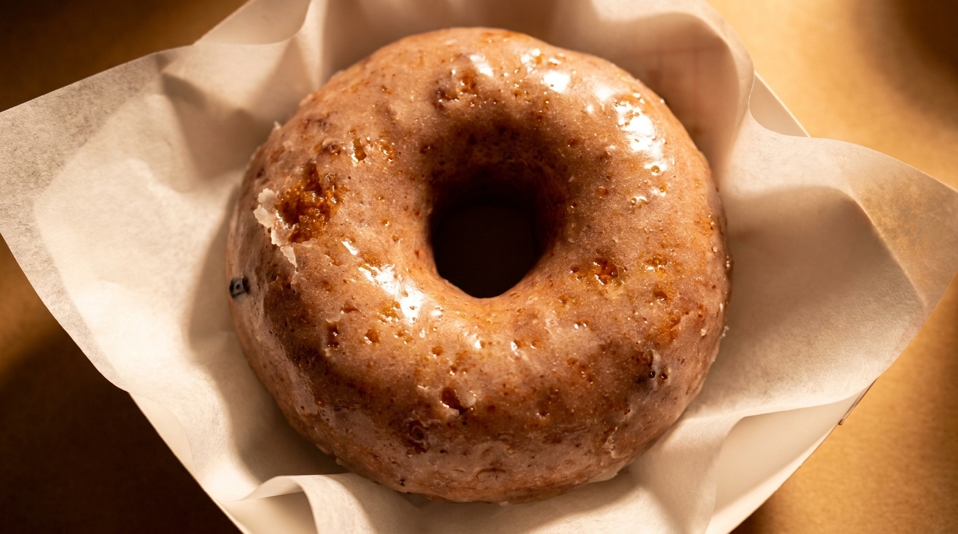 A single glazed donut with a shiny, light brown coating sits in a white paper liner.