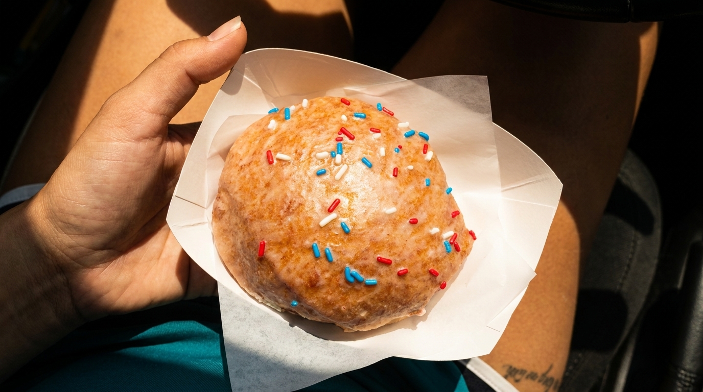A hand holds a glazed donut with red, white, and blue sprinkles in a paper tray.