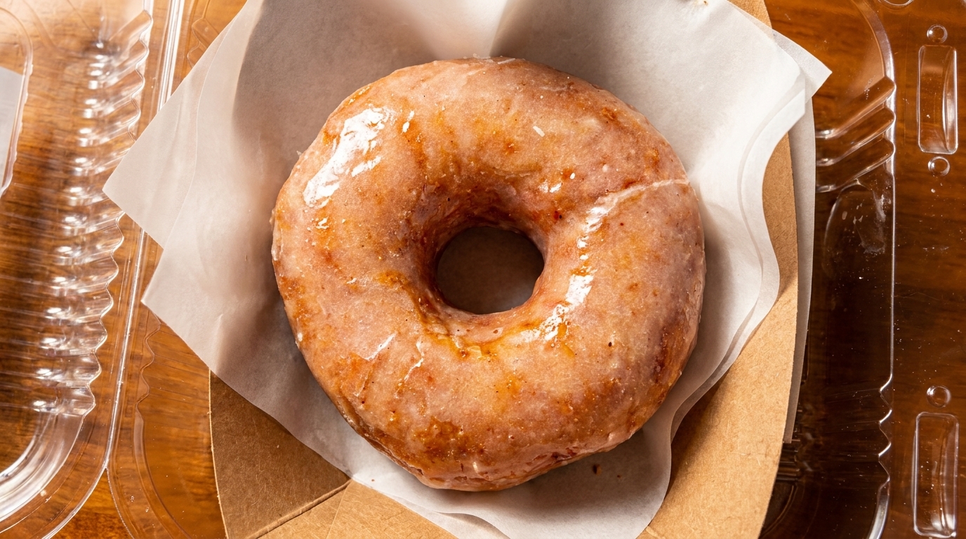 A single glazed donut sits in a brown paper liner inside a clear plastic container.