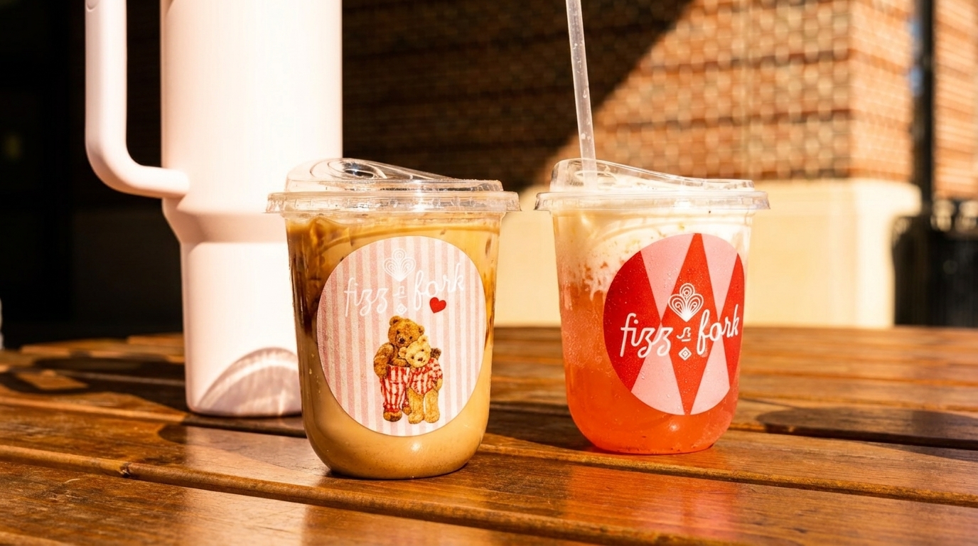 Two Fizz & Fork drinks, one iced coffee and one strawberry, on a wooden table outdoors.