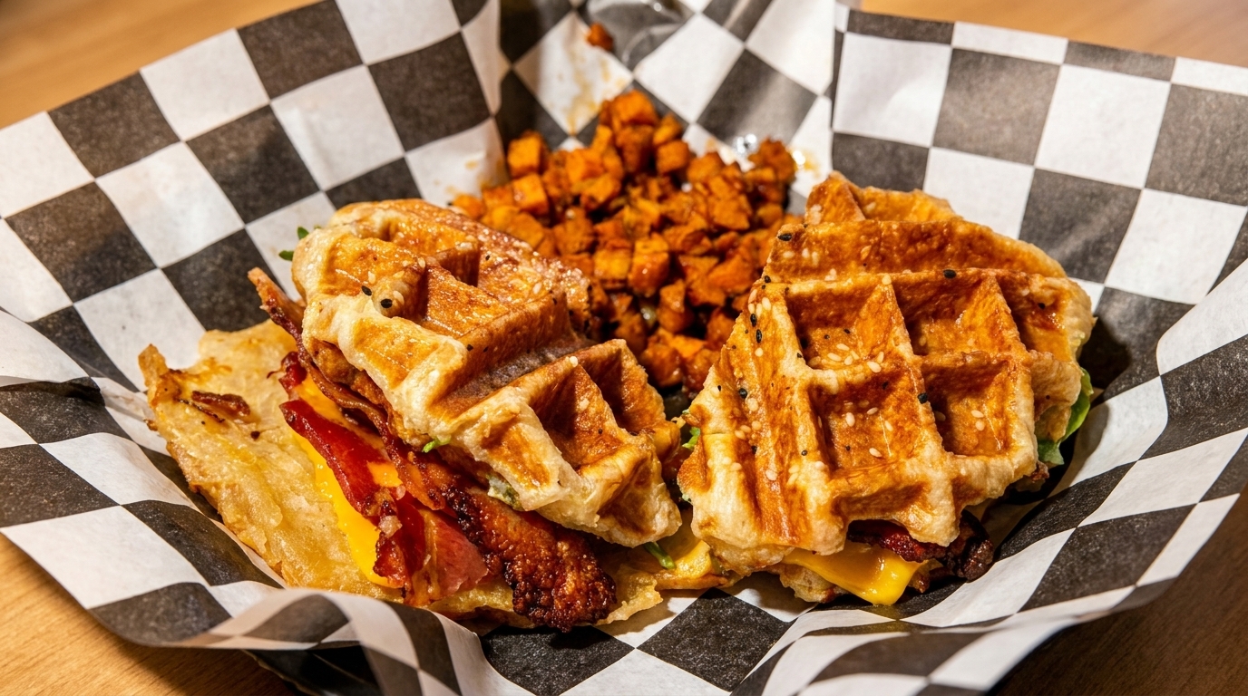 Waffle sandwiches with bacon, cheese, and greens, served with sweet potato cubes in checkered paper.