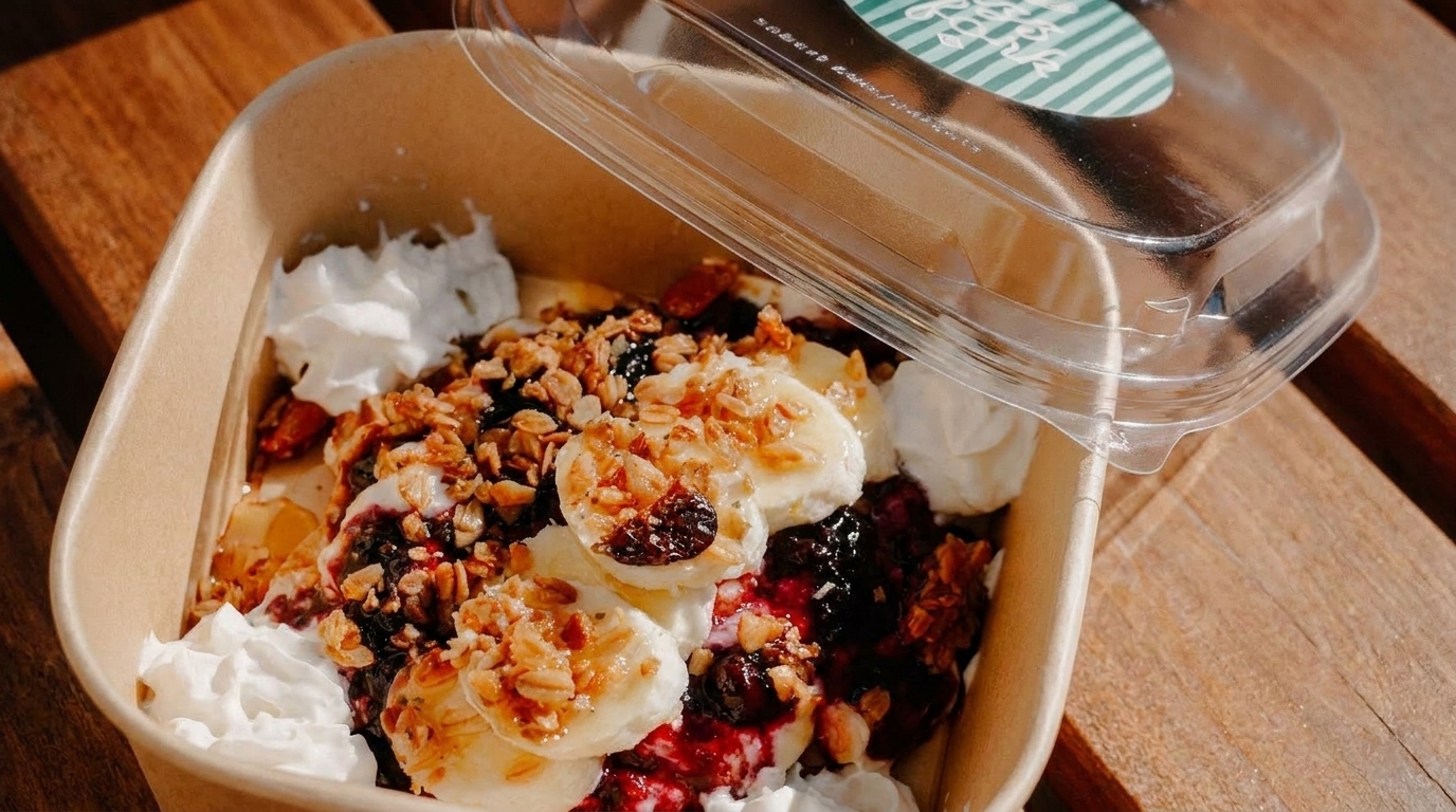 A takeout container filled with yogurt, granola, banana slices, berries, and whipped cream.