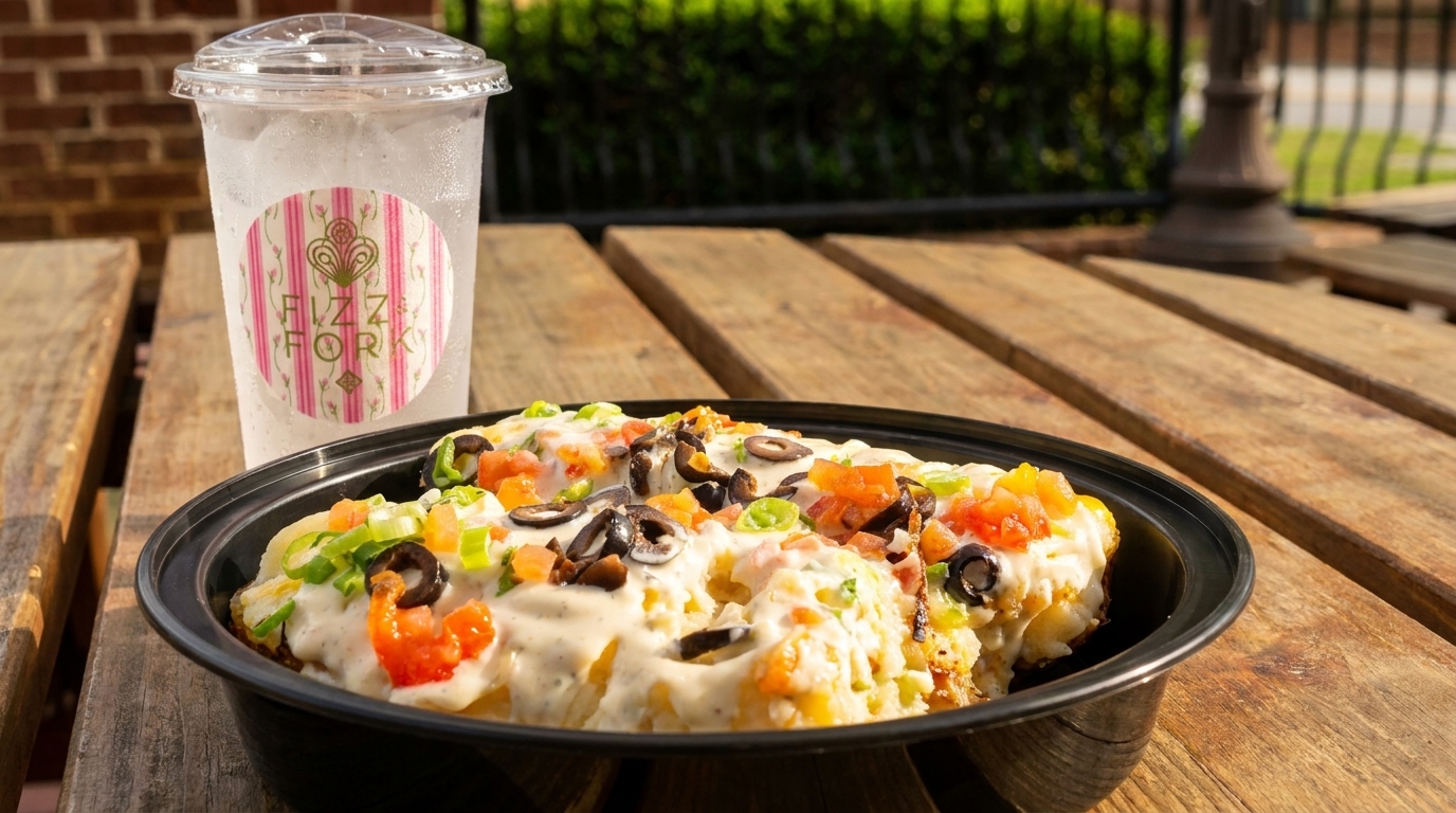 Loaded fries with cheese sauce, tomatoes, olives, and green onions, next to a Fizz & Fork drink.