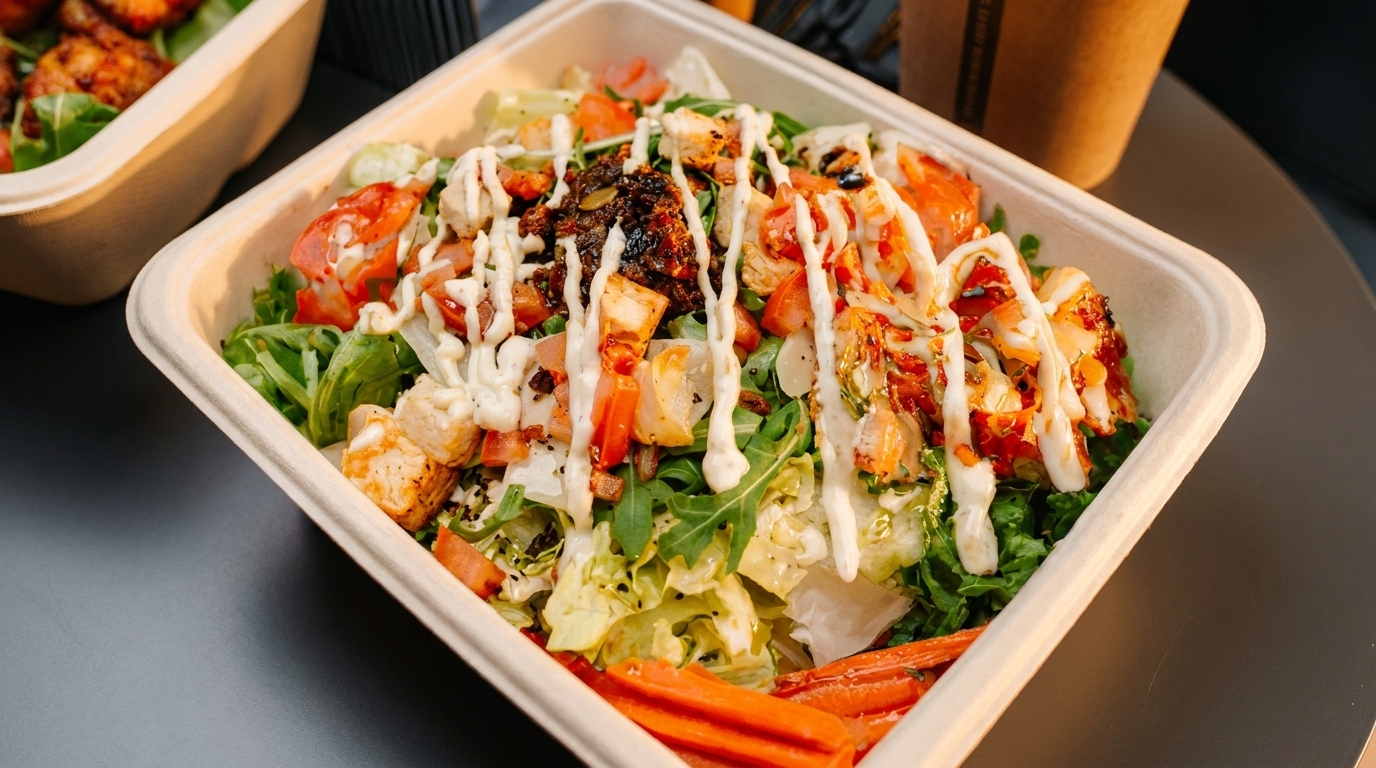 A vibrant salad with chicken, tomatoes, and dressing in a compostable container on a dark table.