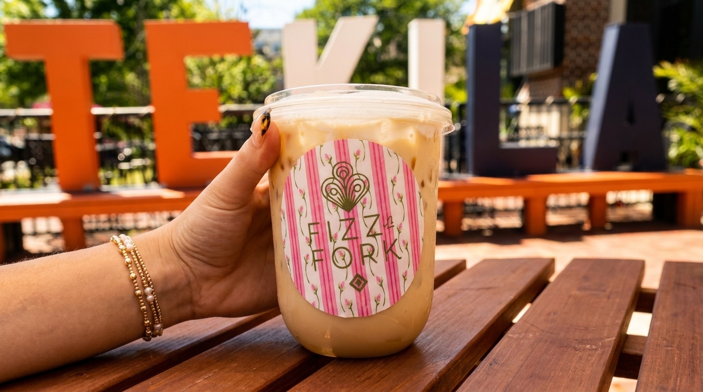 Hand holding an iced coffee with a "Fizz & Fork" logo, on a wooden table with large letters in the background.