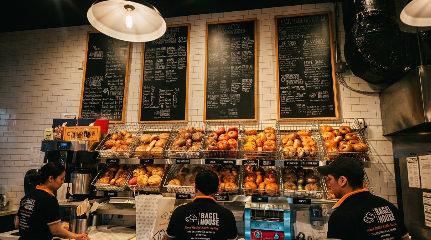 Bagel House interior with employees, display baskets of bagels, and menu boards on a white tiled wall.