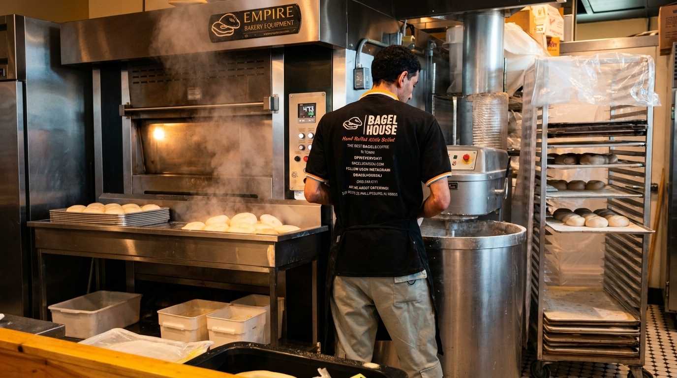A Bagel House baker prepares bagels in a steamy kitchen with an oven and mixer.