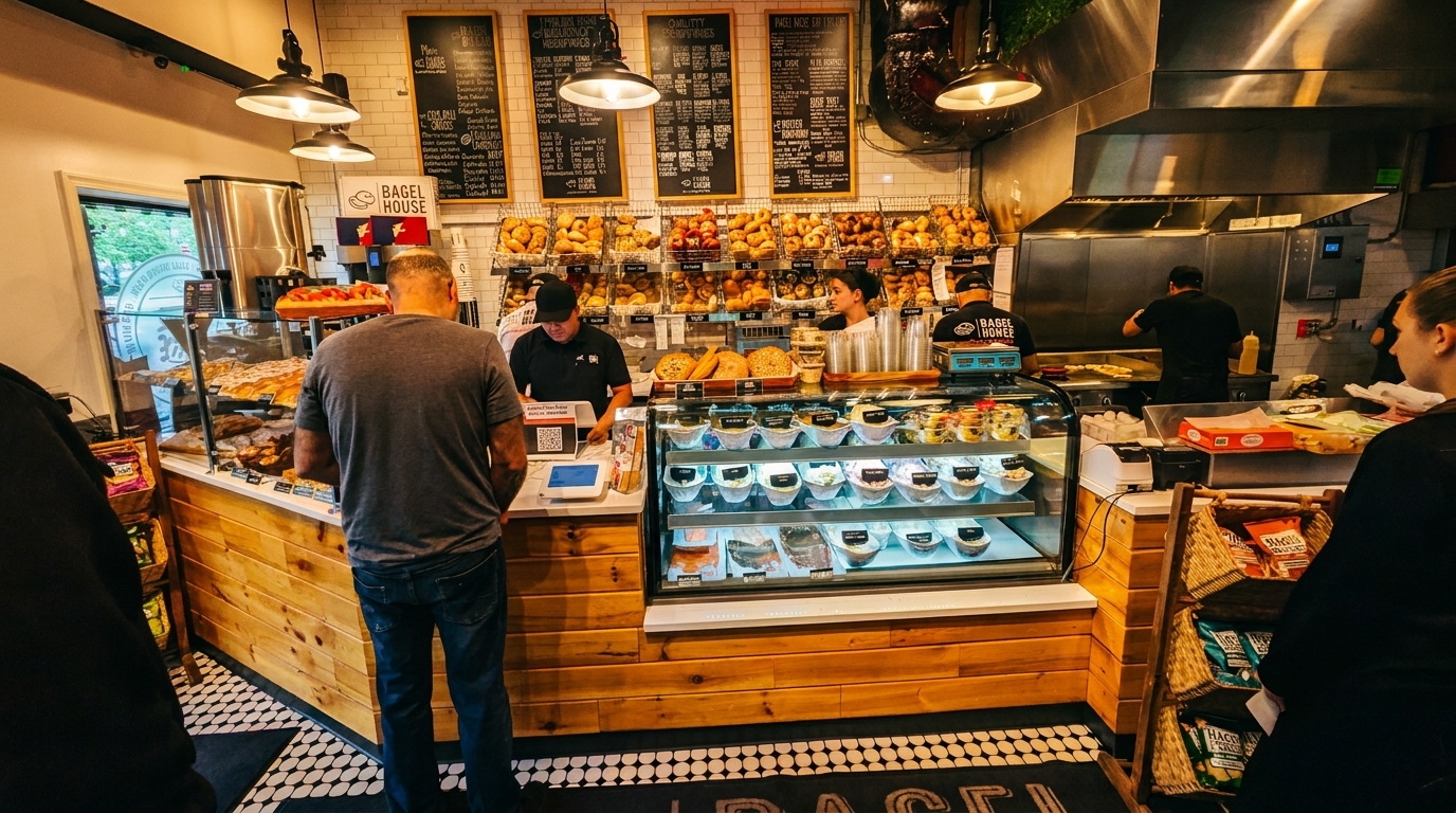 A bustling bagel shop interior with customers, staff, and a wide variety of bagels and spreads.