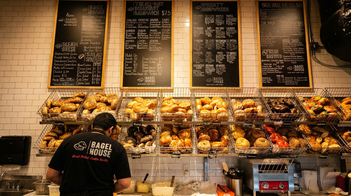 A Bagel House employee stands before shelves of bagels and menu boards on a white tiled wall.