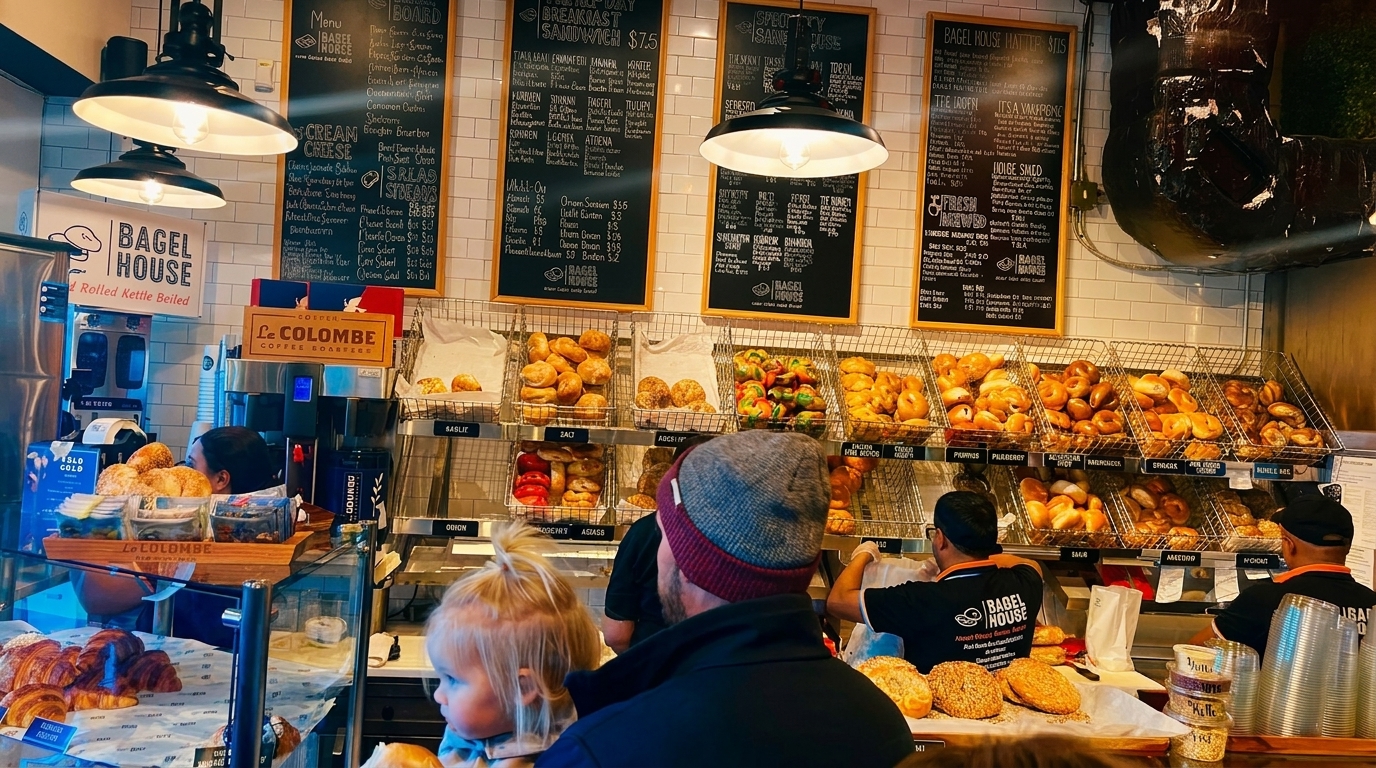 A bustling Bagel House interior with customers, staff, and shelves filled with various bagels and pastries.