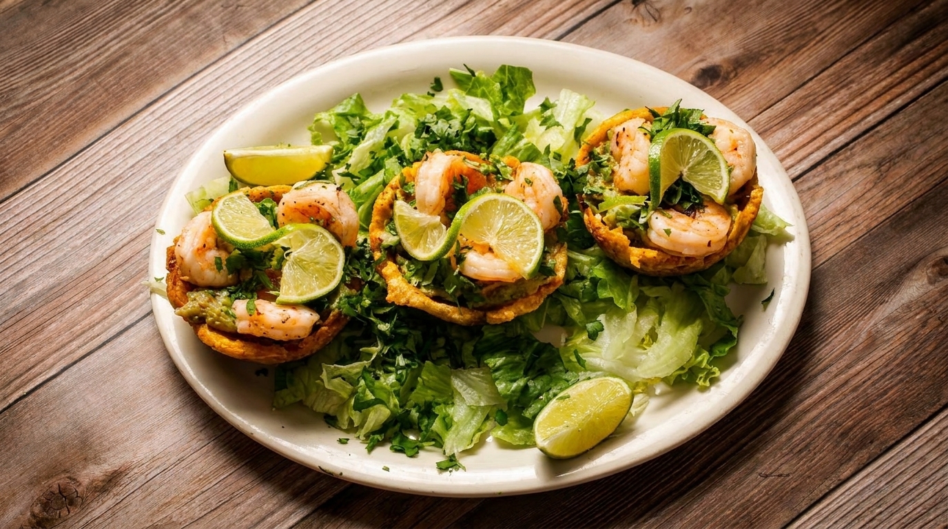 Three shrimp and avocado tostadas with lime wedges on a bed of lettuce, on a white plate.