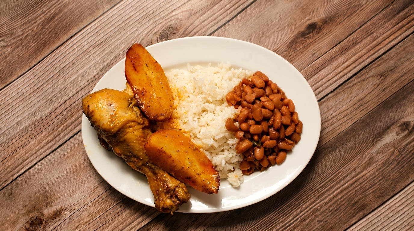 A white plate with roasted chicken, plantains, white rice, and beans on a wooden table.