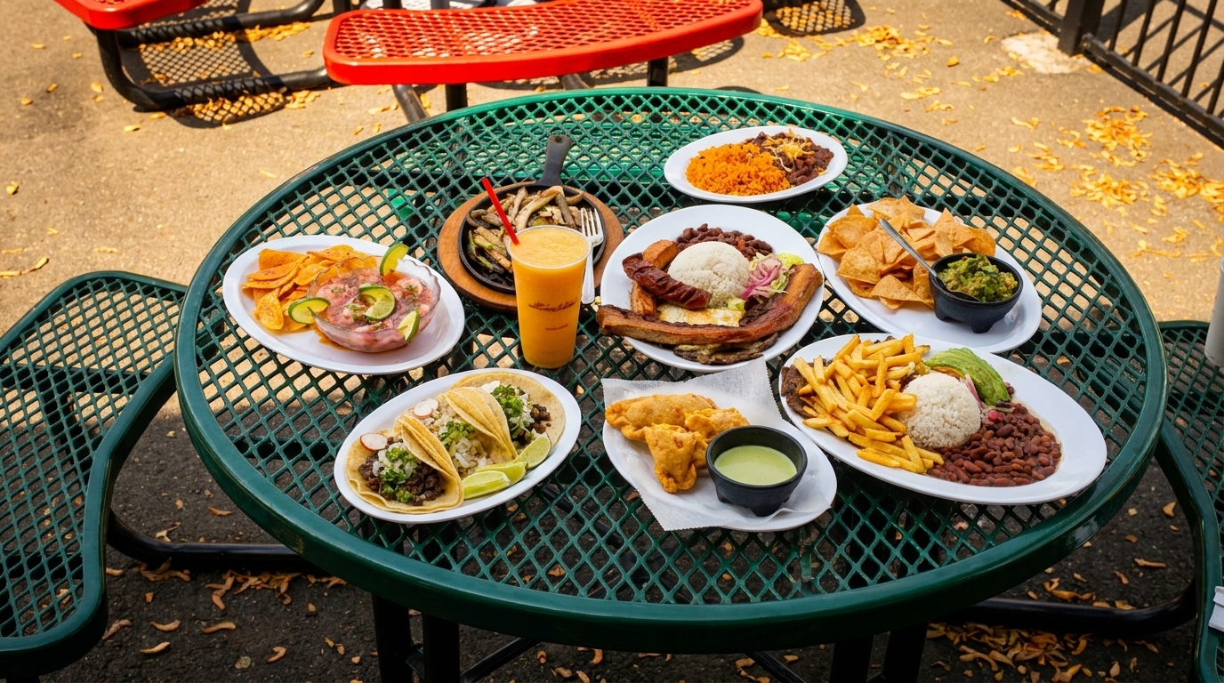 A green outdoor mesh table laden with various Latin American dishes and a mango smoothie.
