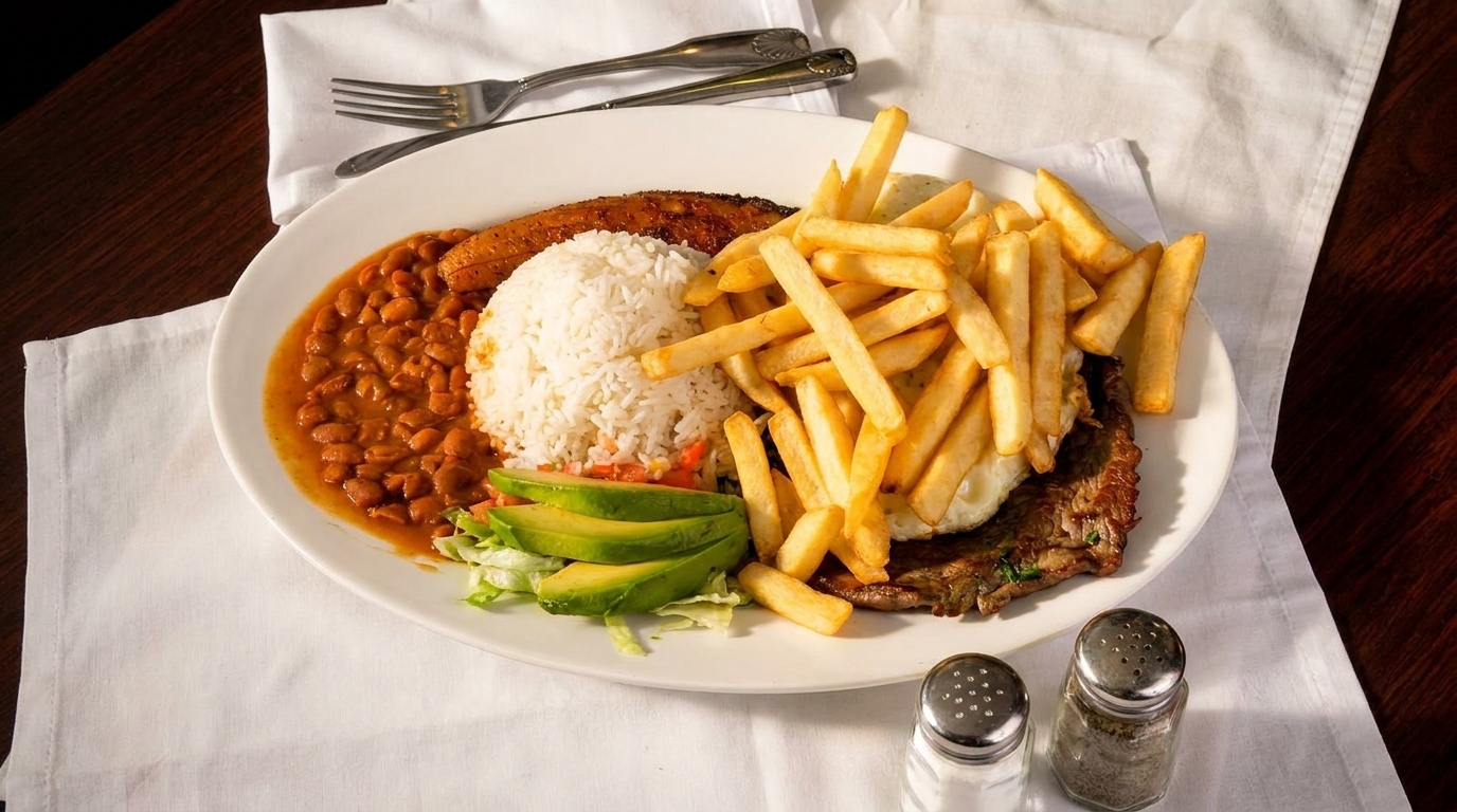 A large plate of steak, french fries, rice, beans, plantain, and avocado slices.