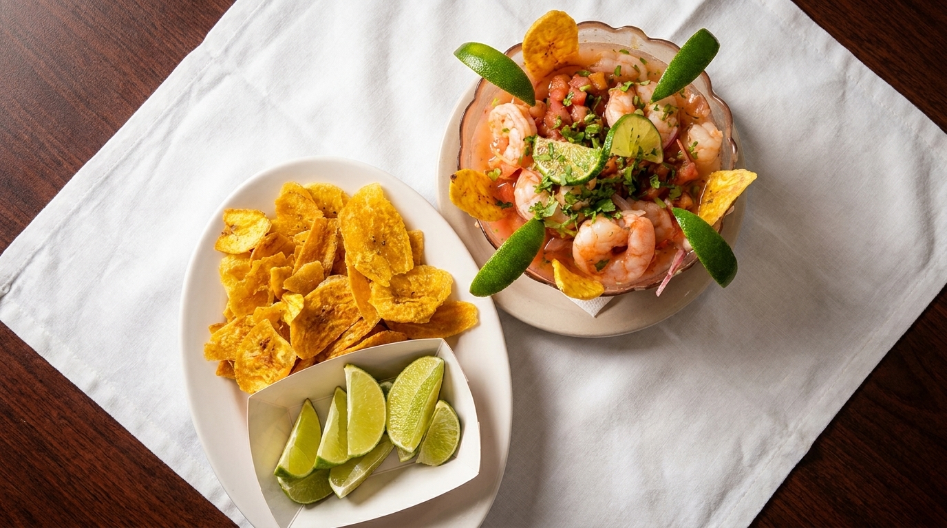 Shrimp ceviche with plantain chips and lime wedges on a white napkin over a wooden table.