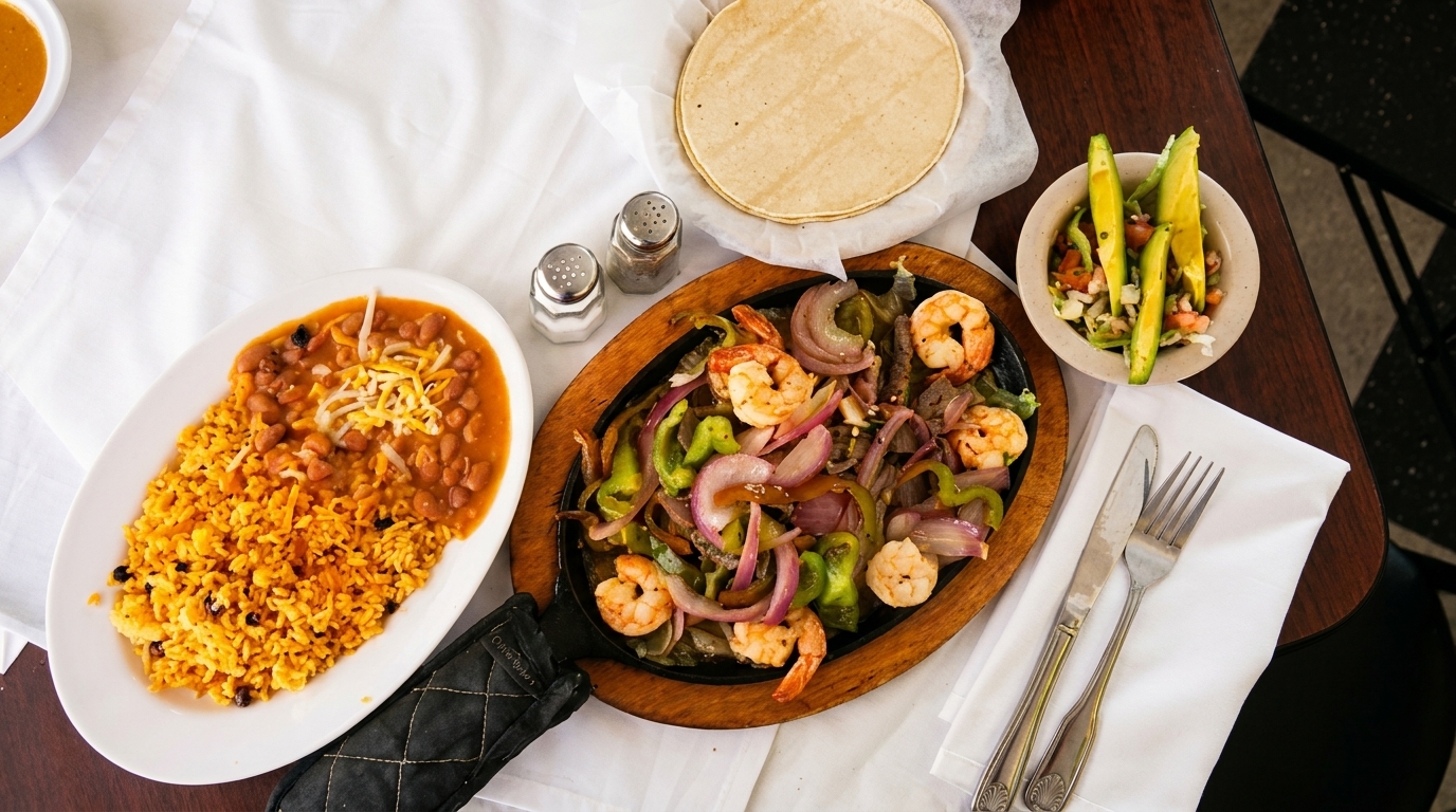 Shrimp fajitas with bell peppers and onions, rice, beans, tortillas, and avocado salad on a table.