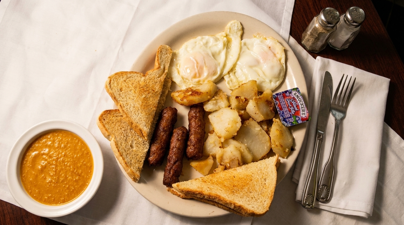 Full breakfast plate with fried eggs, sausage, home fries, toast, and a side of grits.