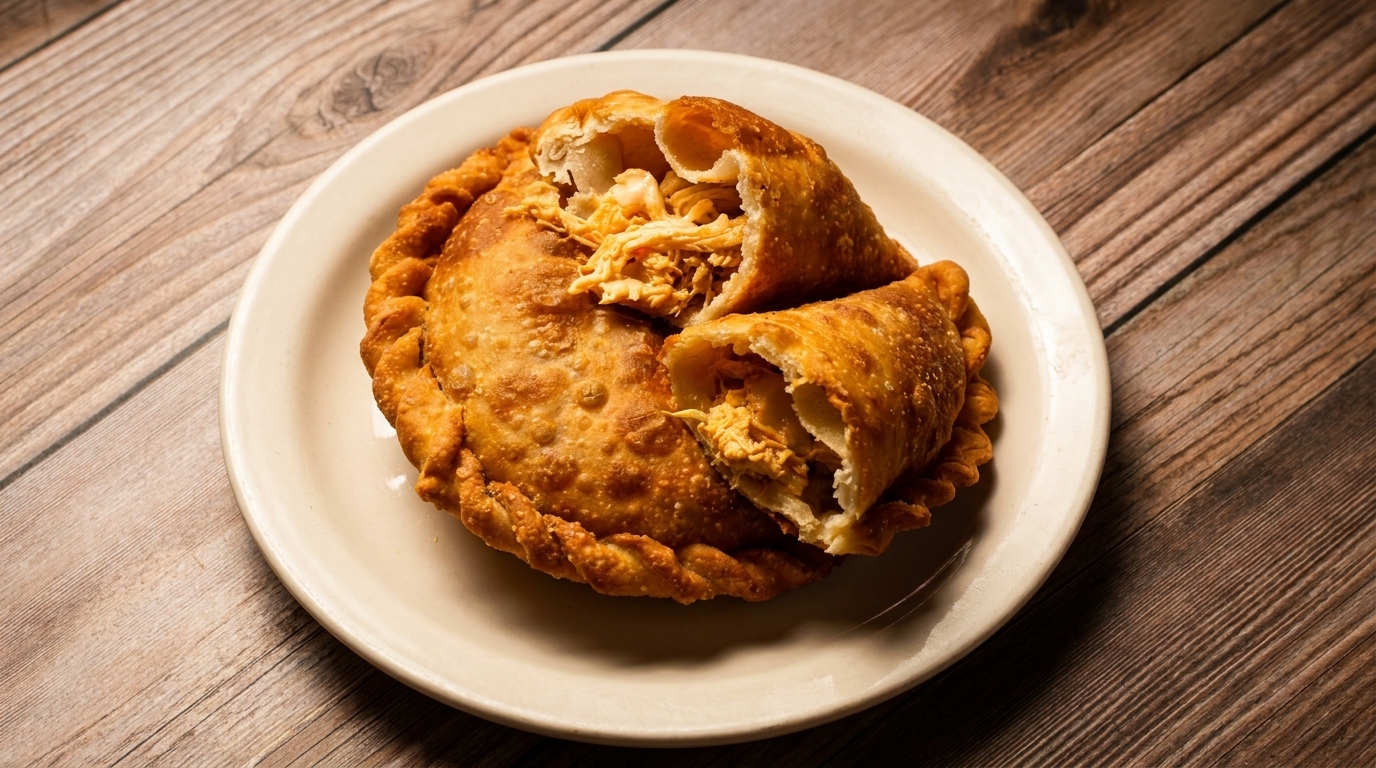 Two golden-brown empanadas, one split open to reveal a savory chicken filling, on a white plate.