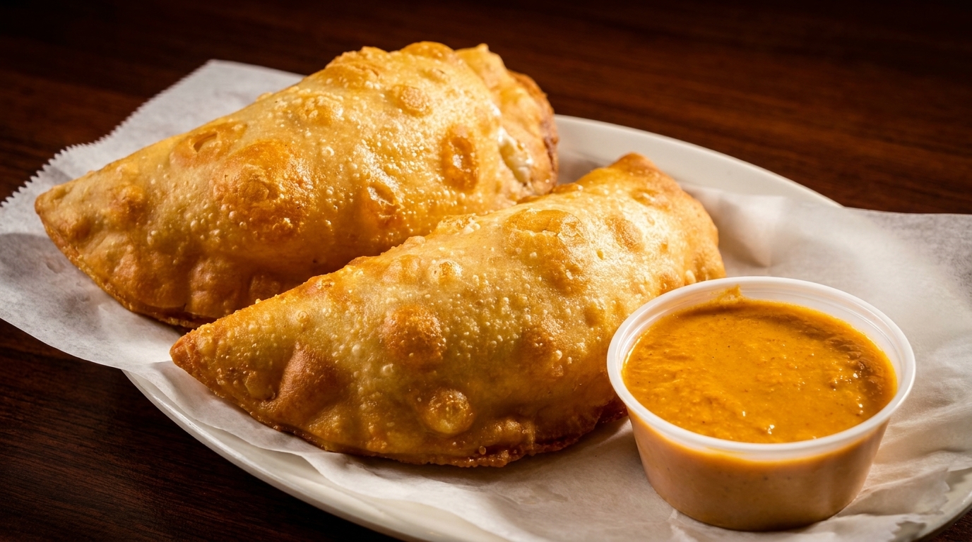 Two golden-brown fried empanadas on white parchment paper with a side of orange dipping sauce.