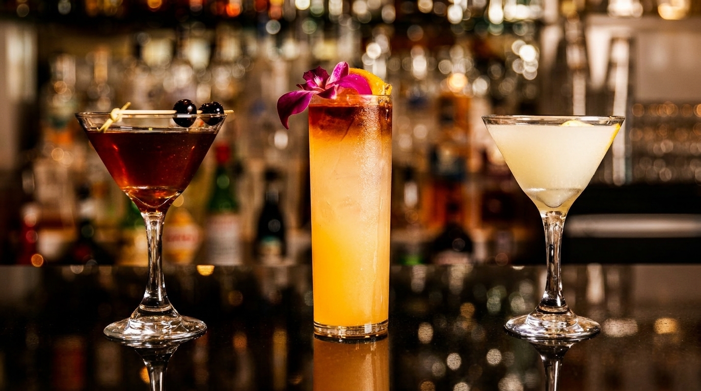 Three cocktails on a bar, including a martini, a tall drink with an orchid, and a daiquiri.