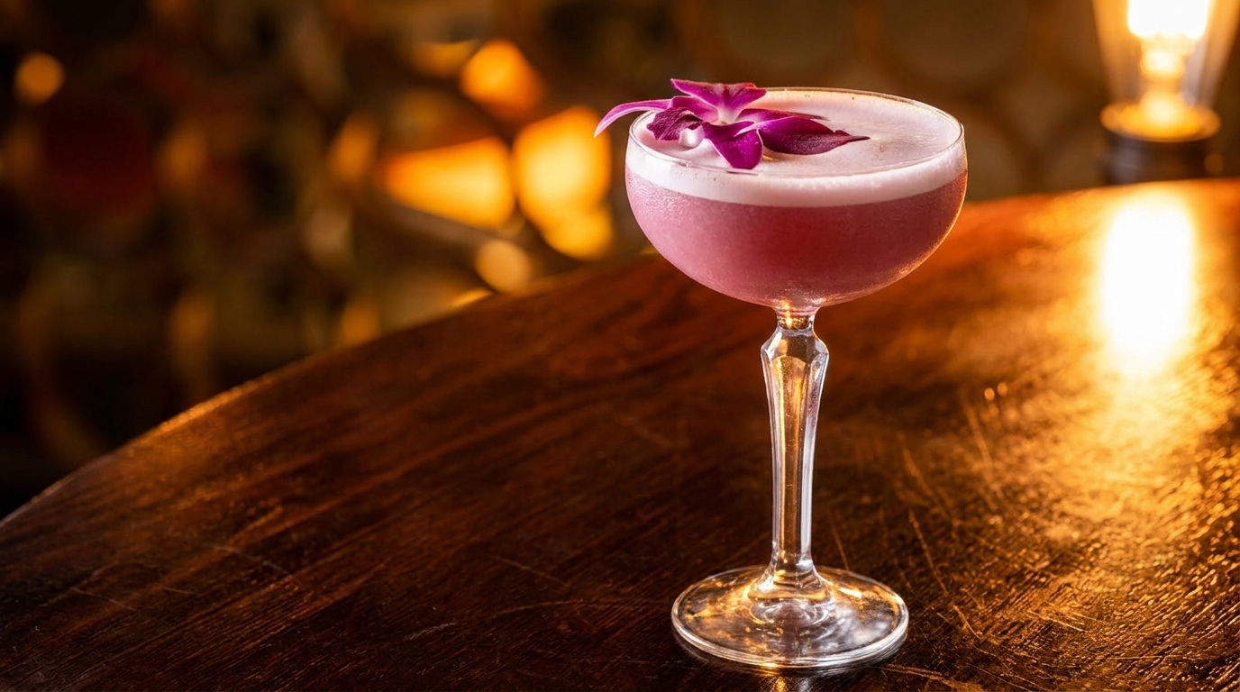 Pink cocktail with foam and purple orchid garnish on a dark wooden bar with warm lighting.